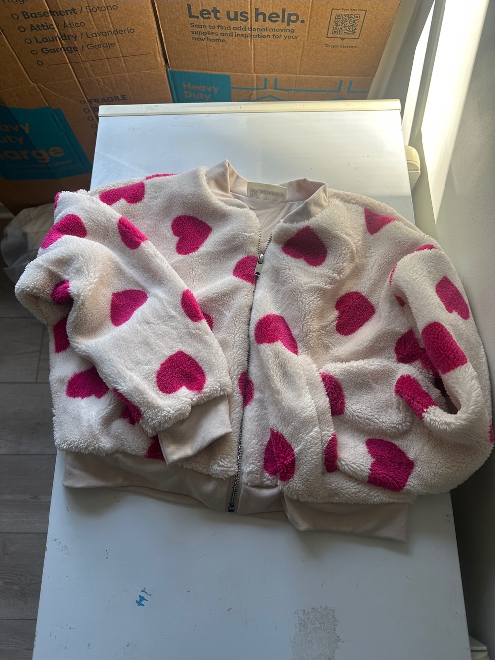 No Boundaries Cream Plush Bomber Jacket with Pink Hearts